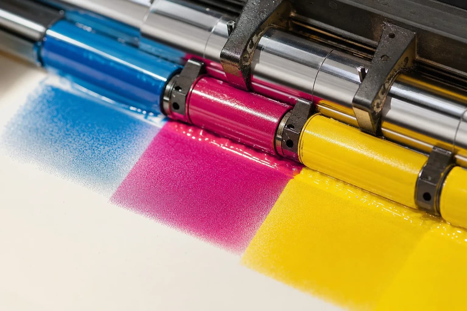 Cyan, magenta and yellow ink meeting on paper on a printing press